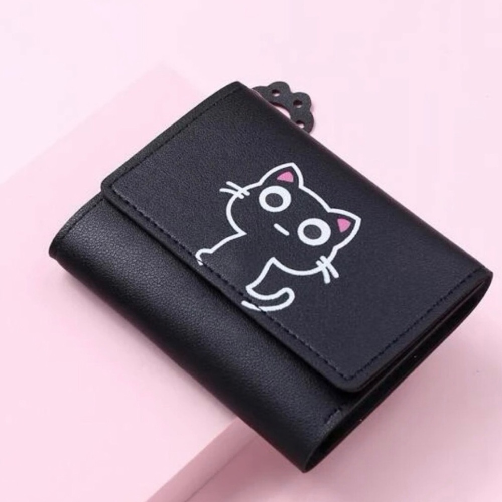 Cat Small Trifold Wallet - Black